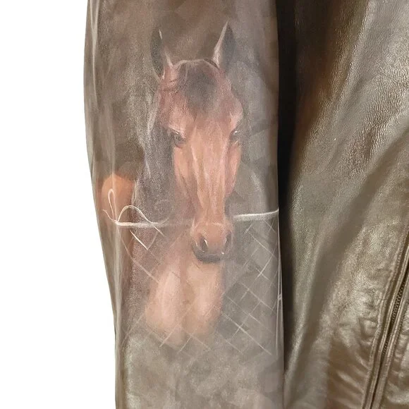 Leather Jacket Women's Large? Brown Zip Front Hand Painted Horses Modified - Picture 4 of 16